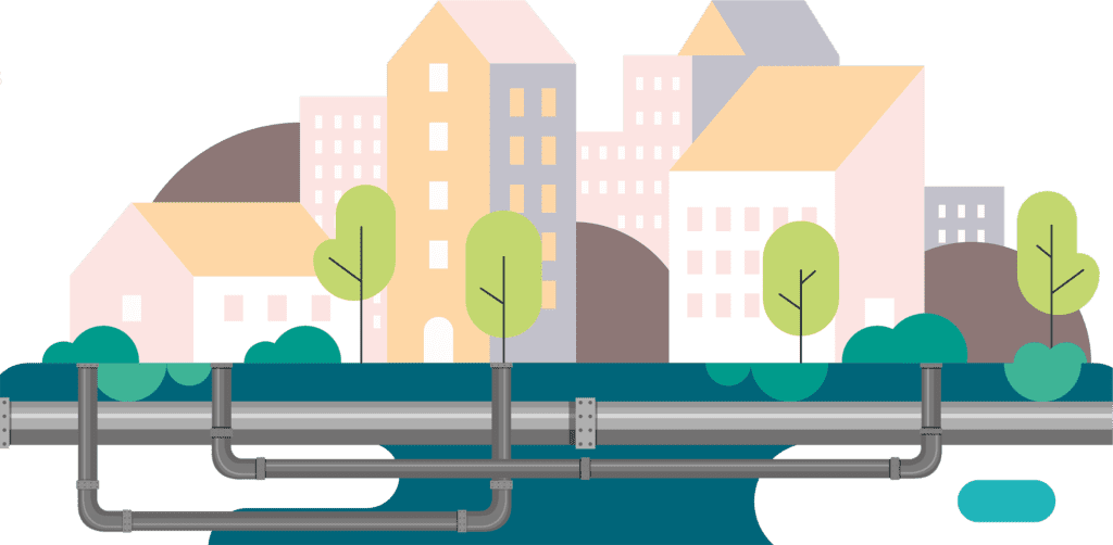 Image flat design représentant une ville et l'activité des canalisations souterraines