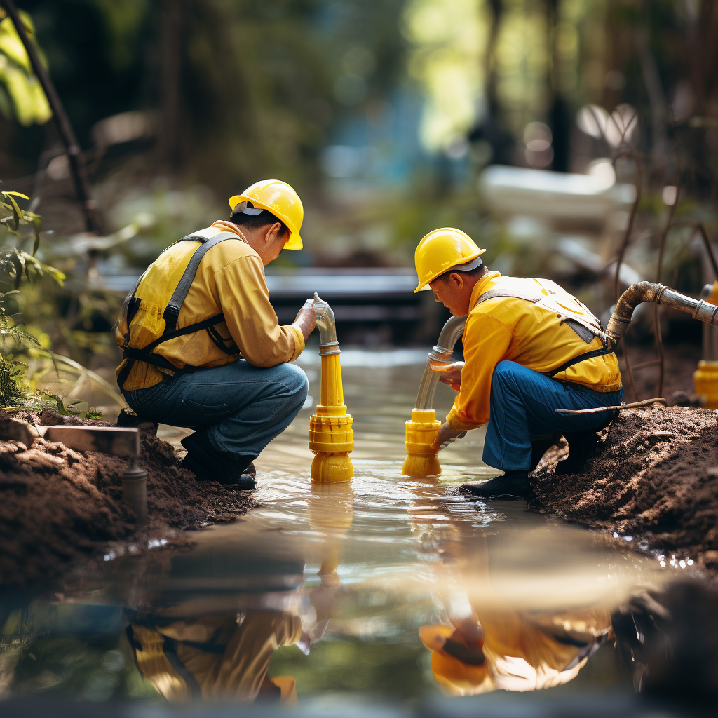 Photo créée par intelligence artificielle montrant 2 ouvriers en casque jaunes et en bleu de travail travaillant dans un court d'eau sur des canalisations.